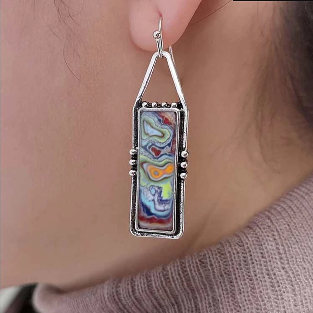 Multi-Color Rectangular Drop Earrings - Colorful Swirl Design - Picture 3 of 5